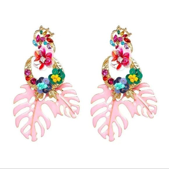 Zara  Rio Monstera Pink Leaf Earrings - Picture 1 of 14